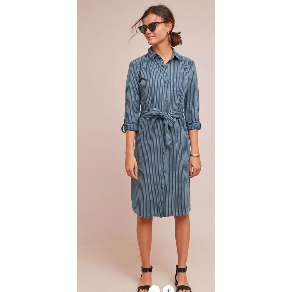 Anthropologie Striped Button Down Shirt Dress Blue White Tie‎ Waist US 2
